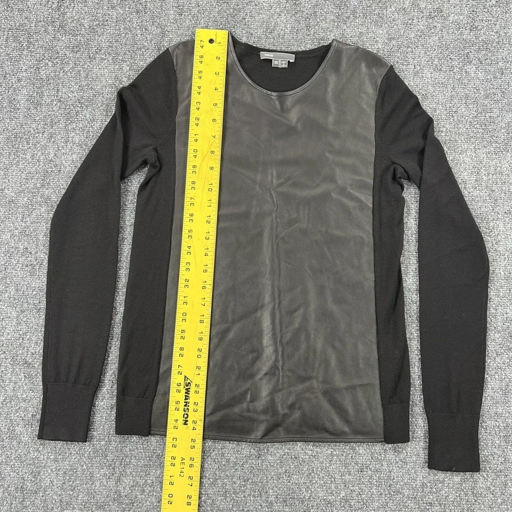 Vince Sweater Womens XS Black Lamb Leather Front Wool Knit Crew Pullover - Picture 4 of 9